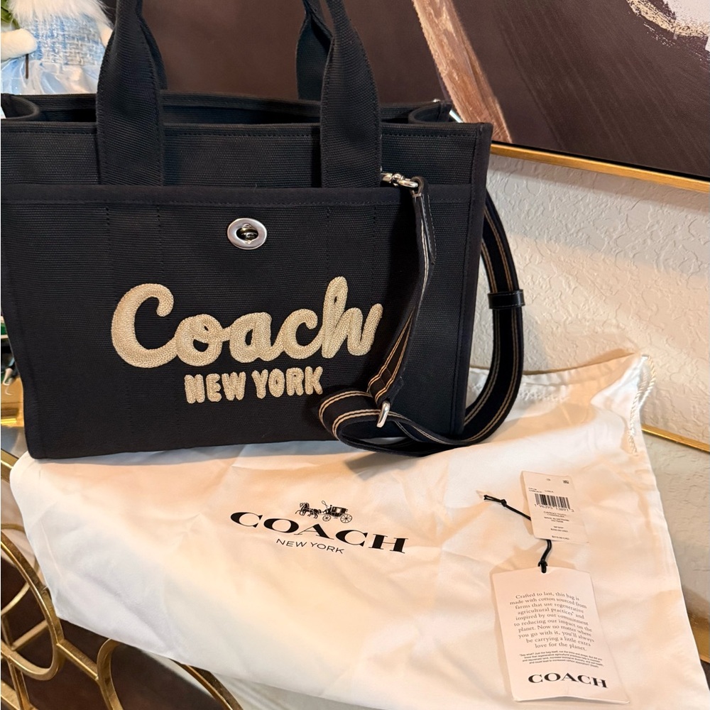 Coach Black Canvas Logo Tote with Contrast Strap